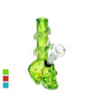 Skull-shaped soft glass bong with winding glass decor on the neck piece. Green body