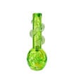 Skull-shaped soft glass bong with winding glass decor on the neck piece. Back view