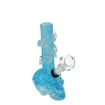 Skull-shaped soft glass bong with winding glass decor on the neck piece. Blue body