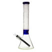 15" Clear Cali Cloudx beaker bong with frosted Egyptian pattern and dark blue accents. Side view.