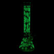 15" Clear beaker bong with weed leaves glowing in the dark.