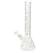 15" Clear beaker bong with white glow-in-the-dark weed leaves. Side view.