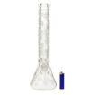 15" Clear beaker bong with white glow-in-the-dark weed leaves. Front view.