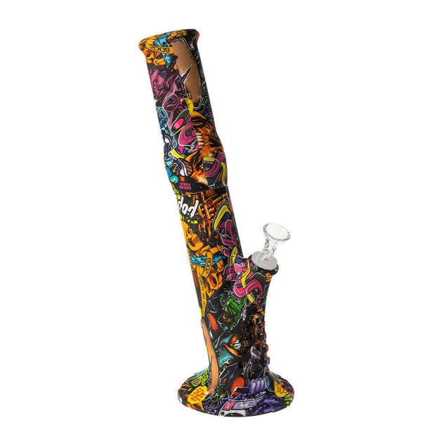 13" silicone straight tube water pipe with colorful graffiti print.