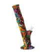 13" silicone straight tube water pipe with colorful graffiti print. Side view.