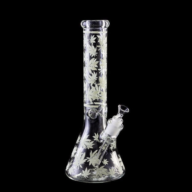15" Clear beaker bong with white glow-in-the-dark weed leaves.