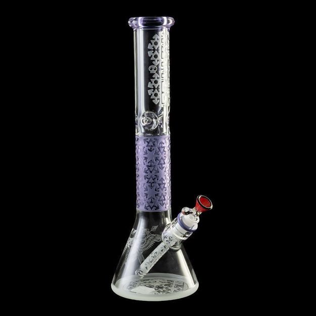 15" Tattoo Glass beaker bong with snowflake frosted etching and light blue accents.