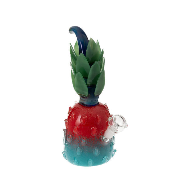 10" Pineapple bong with red and blue chamber, and green leaves.