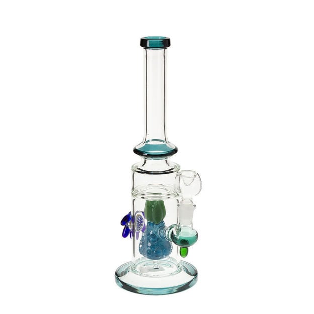 12" Bong with blue pineapple perc, 3D flower eye, and teal accents.