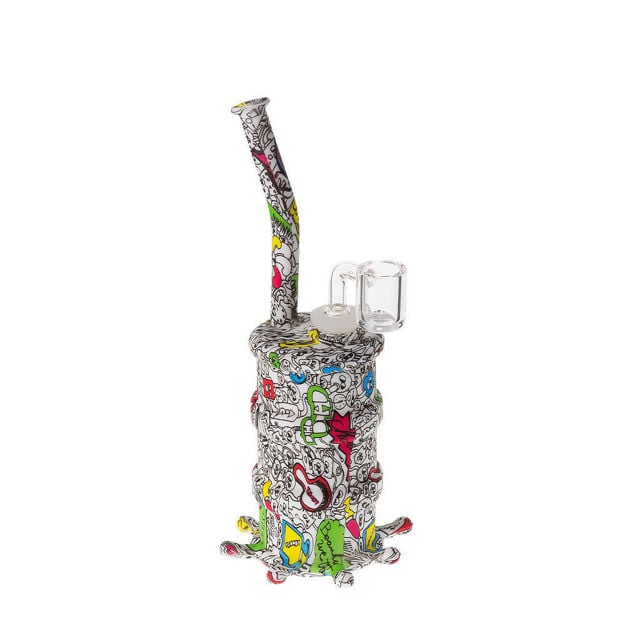 8" Silicone dab rig with colorful doodle pattern and splat-style base.