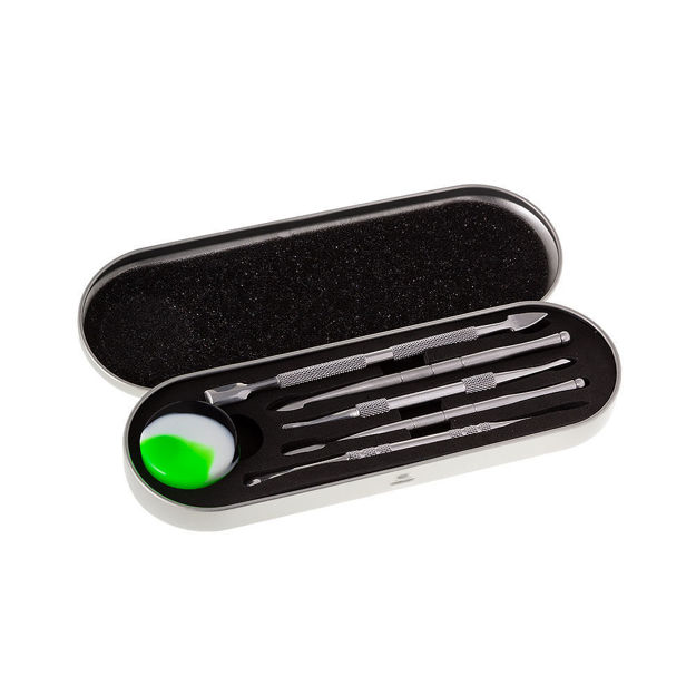 Long tin case with 5 stainless-steel dabbers and silicone concentrate container.