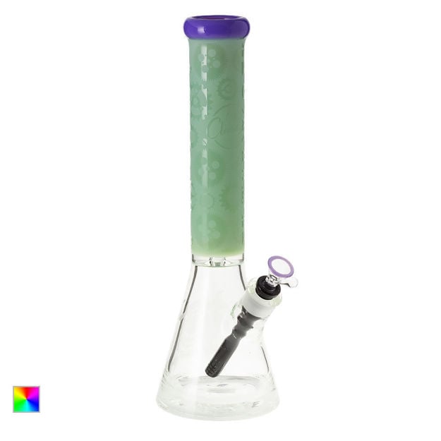 14" Cali Cloudx beaker bong with gear-patterned etching and mint green neck.