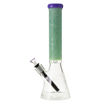 14" Cali Cloudx beaker bong with gear-patterned etching and mint green neck. Side view.