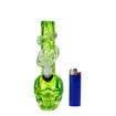 Skull-shaped soft glass bong with winding glass decor on the neck piece. Front view