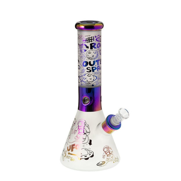 12" Frosted beaker bong with chromatic outer space design.