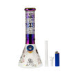 12" Frosted beaker bong with chromatic outer space design. Front view.