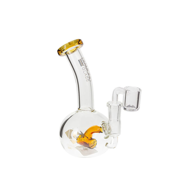 5.5" Diamond Glass dab rig with ball chamber, barrel perc, and amber accents.