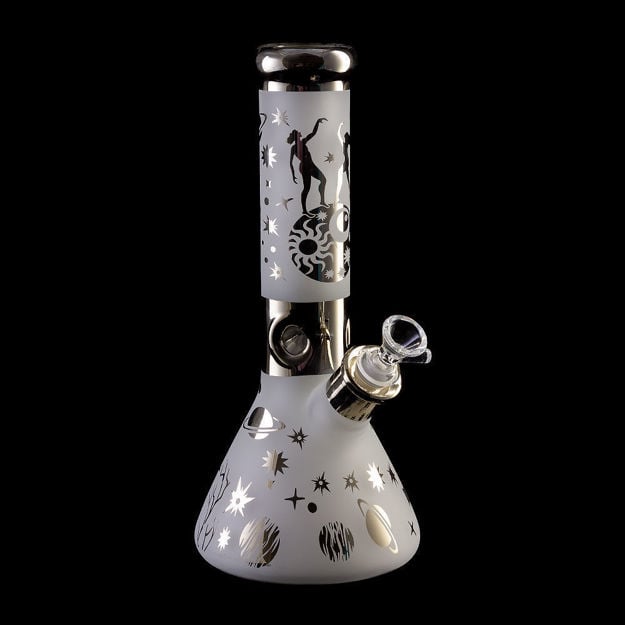 11" Frosted beaker bong with gold stars and planets.