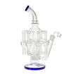 Tsunami Glass dab rig w/ 8 recycler arms, matrix perc & blue accents. Side view.