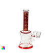 Dab pipe with showerhead perc, flat top banger nail and red and gold accents.