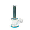 Dab pipe with showerhead perc, flat top banger nail and blue and gold accents.