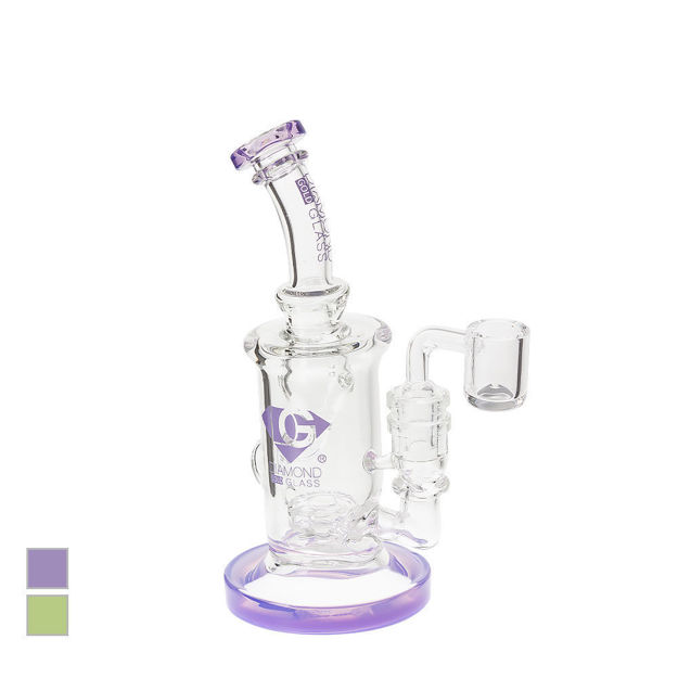 7" Diamond Glass dab rig with recycler, showerhead perc, and purple accents.
