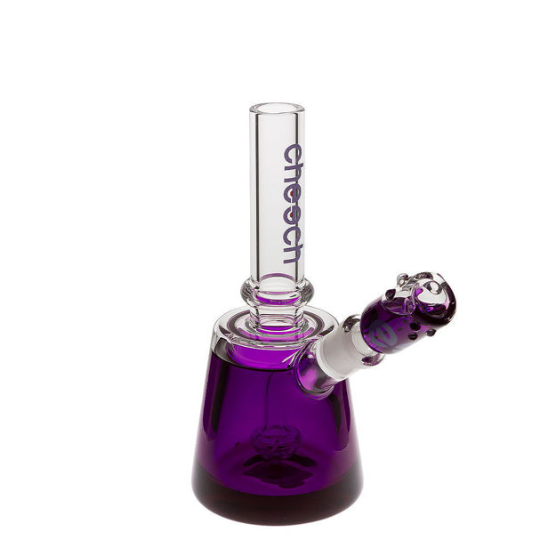 Purple Cheech Glass water pipe with glycerin-filled chamber and bowl piece.