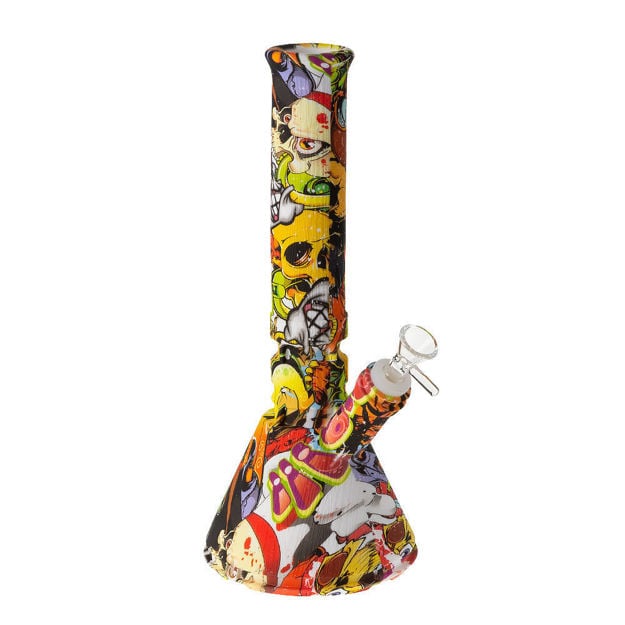 12" Silicone beaker bong with colorful graffiti design.