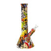 12" Silicone beaker bong with colorful graffiti design. Side view.