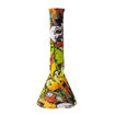 12" Silicone beaker bong with colorful graffiti design. Back view.