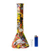 12" Silicone beaker bong with colorful graffiti design. Front view.