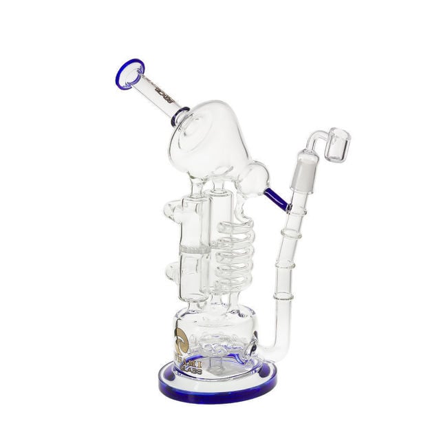 Tsunami Glass 12" dab rig with sprinkler perc, coil recycler & blue accents.