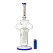 Tsunami Glass dab rig with showerhead perc, recyclers & blue accents. Front view.