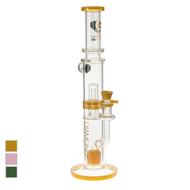 Diamond Glass 16" bong with drum perc, ratchet perc & yellow accents.