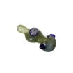 Green frit glass spoon pipe with blue flower marble. Back view.