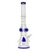 21" Bong with recyclers, sprinkler perc, blue accents & ice pinch. Side view.