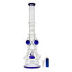 21" Bong with recyclers, sprinkler perc, blue accents & ice pinch. Front view.