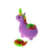 Purple silicone unicorn bubbler water pipe with Rasta accents. Back view.