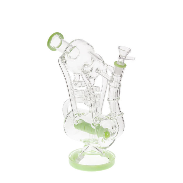 10" Bong with inline perc, coil recyclers & green accents.