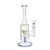 9" Diamond Glass bong with flared mouthpiece & blue accents. Side view.