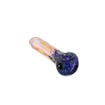 Blue & peach-pink spoon pipe with frit and fumed glass. Back view.