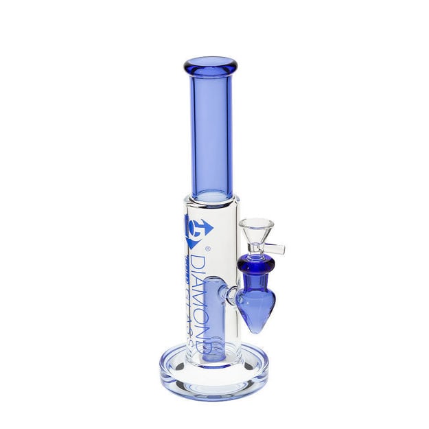 Diamond Glass straight tube bong w/ cylinder perc & blue accents
