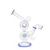 8" Dab rig w/ blue accents, tire recycler & cylinder perc. Side view.
