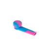 pink & blue silicone spoon pipe w/ metal bowl & cover. Back view.