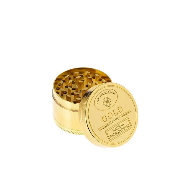 small Gold 3-chamber grinder with gold coin design.