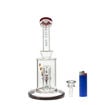 10" bong with fish inline perc & maroon red accents. Front view.