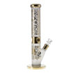 Gili Glass frosted straight tube bong w/ gold gear accents. Side view.