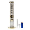 Gili Glass frosted straight tube bong w/ gold gear accents. Front view.
