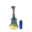 Blue green fumed glass bubbler pipe. Front view.