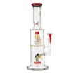 double chamber gili glass bong with honey bee & red accents. Side view.